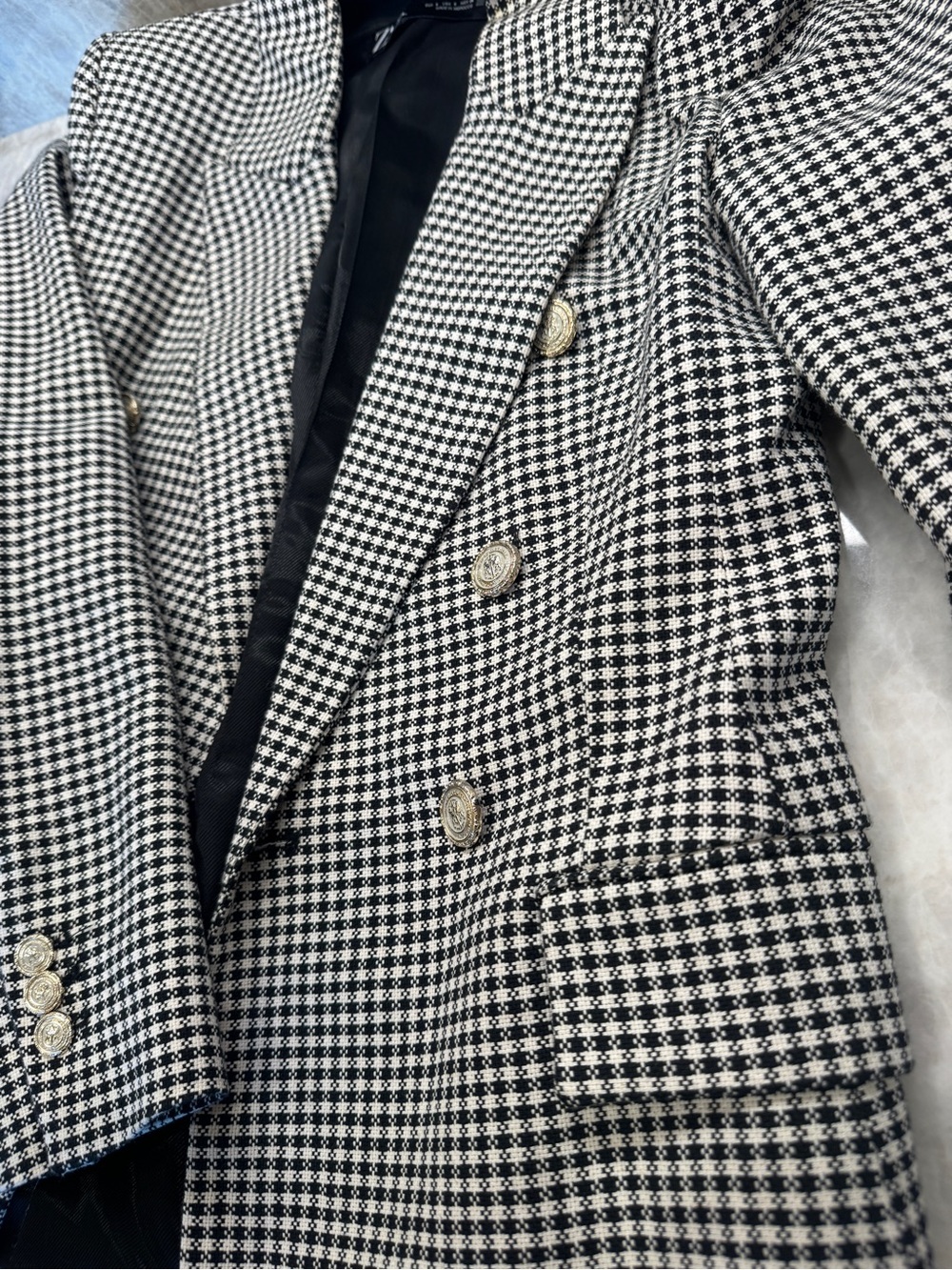 Zara Black & White Houndstooth Double Breasted Blazer Gold Button Jacket - Picture 6 of 6